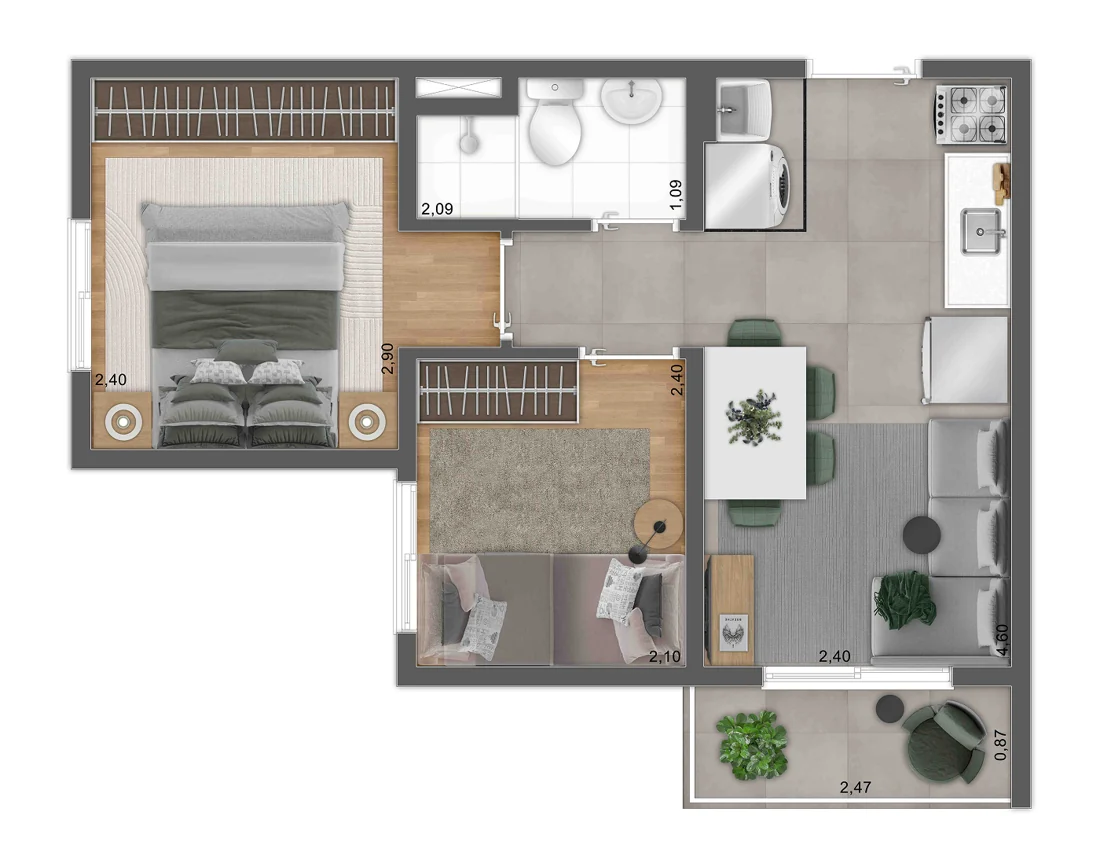 Planta de apartamento: 1 dormitório + living aberto